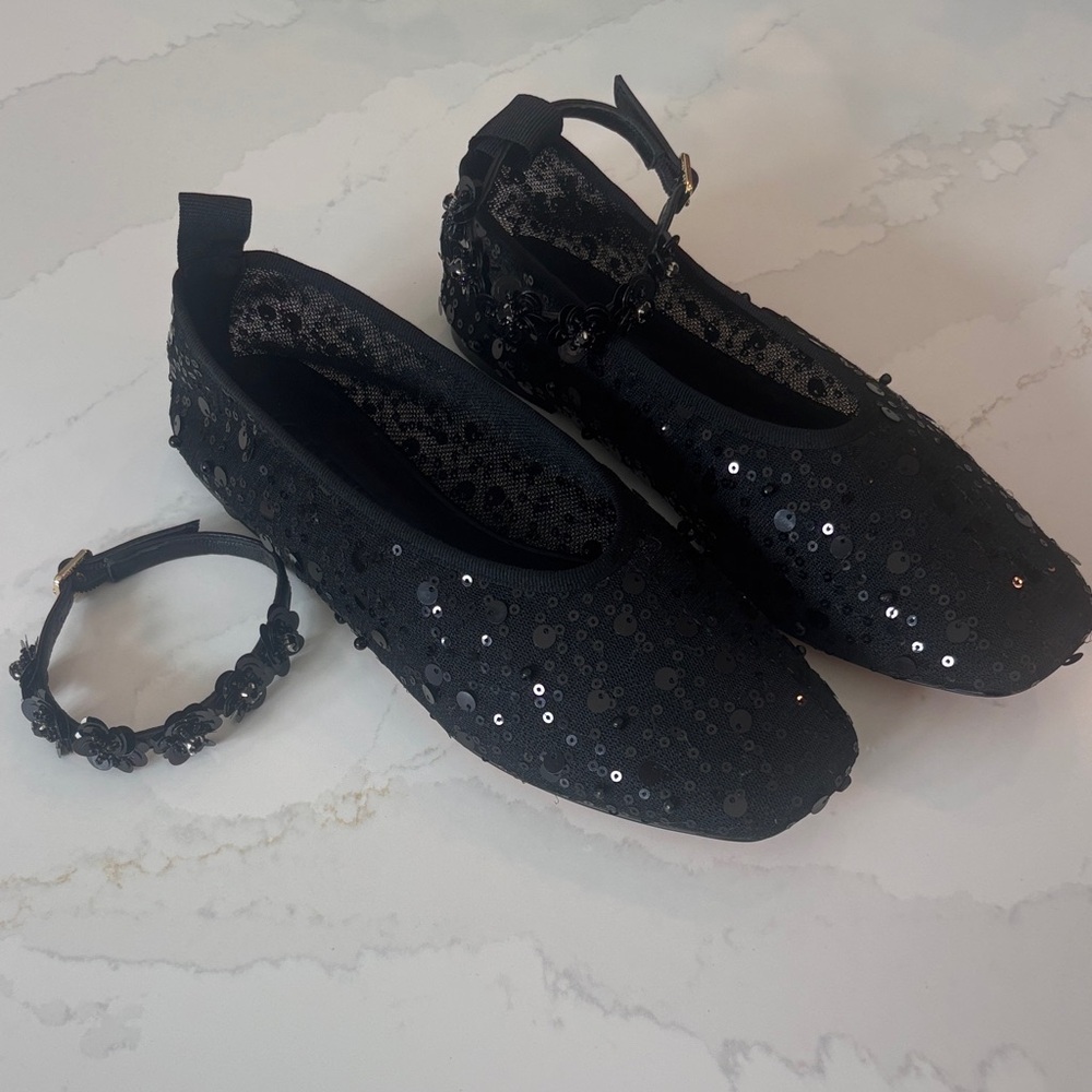 J. Crew Quinn Black Sequin And Mesh Ballet Flats w/Removable Ankle Strap Sz 7.5 - Picture 10 of 12